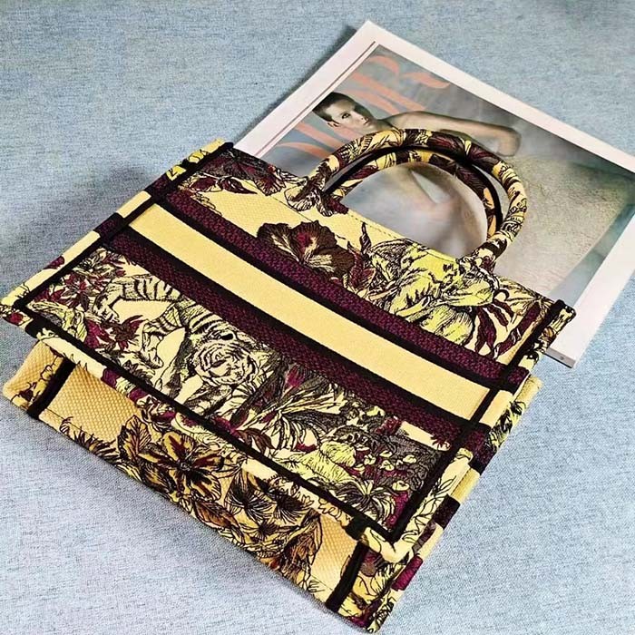 Dior Unisex CD Medium Book Tote Yellow Multicolor Toile De Jouy Voyage Embroidery