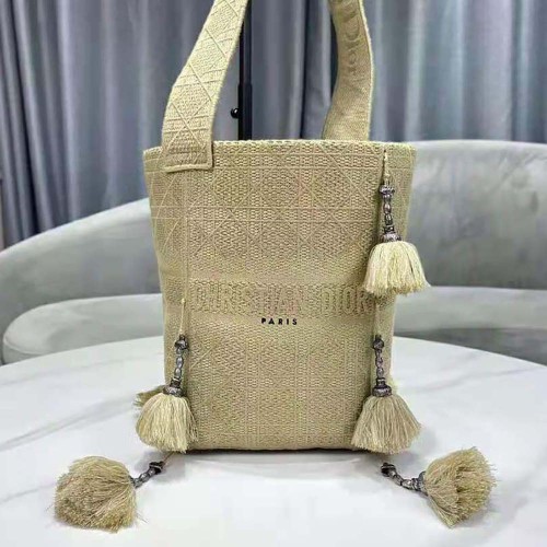 Dior Women D-bubble Bucket Bag Beige Cannage Embroidery with Straw Effect