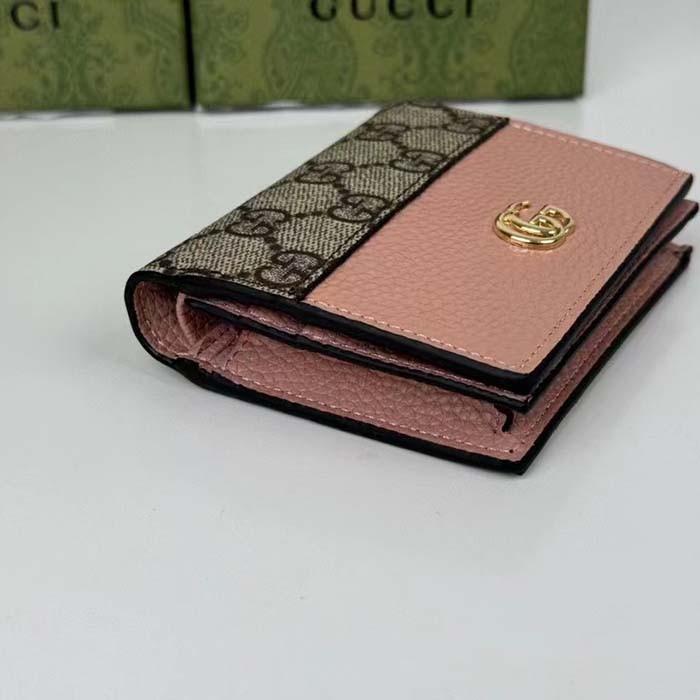 Gucci Unisex GG Marmont Card Case Wallet Double G Beige Ebony GG Supreme Canvas Pink Leather Style ‎658610 17WAG 5788