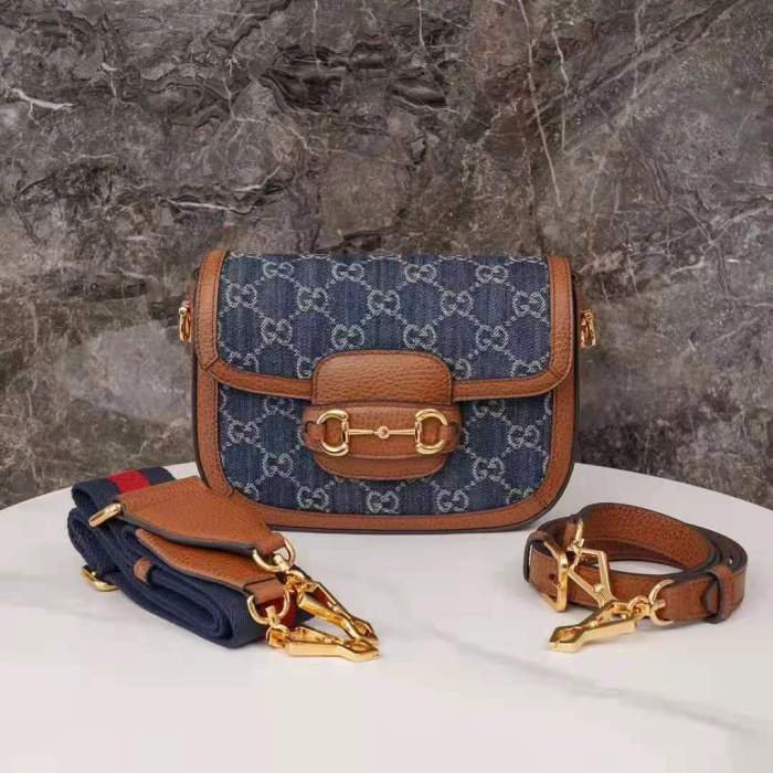 Gucci Women Horsebit 1955 Mini Bag Dark Blue Ivory Eco Washed Organic GG Jacquard Denim