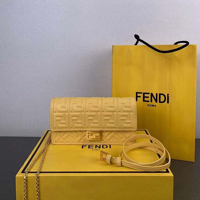 Fendi Women FF Wallet On Chain Baguette Yellow Nappa Leather Wallet