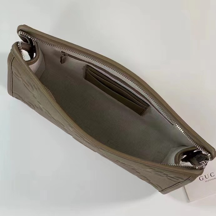 Gucci Unisex Jumbo GG Pouch Dark Green Jumbo GG Leather Zip Closure
