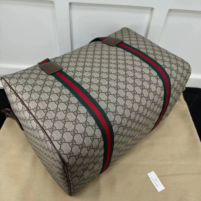 Gucci Unisex Large Duffle Bag Web Beige Ebony Soft GG Supreme Zip Closure
