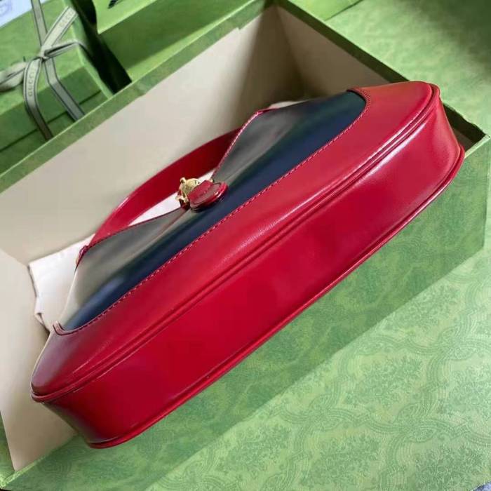 Gucci GG Women Jackie 1961 Small Shoulder Bag Navy Leather Dark Red Leather