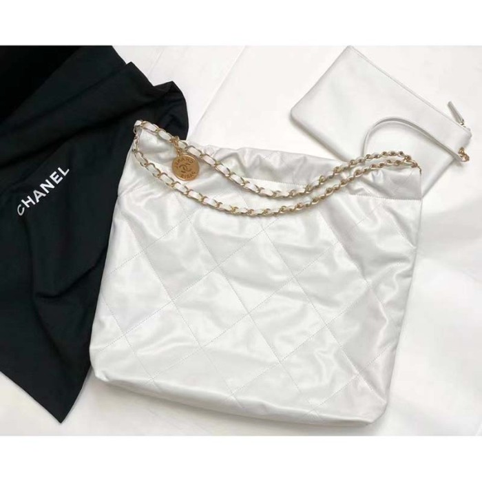 Chanel Women 22 Large Handbag Calfskin Gold-Tone Lacquered Metal White