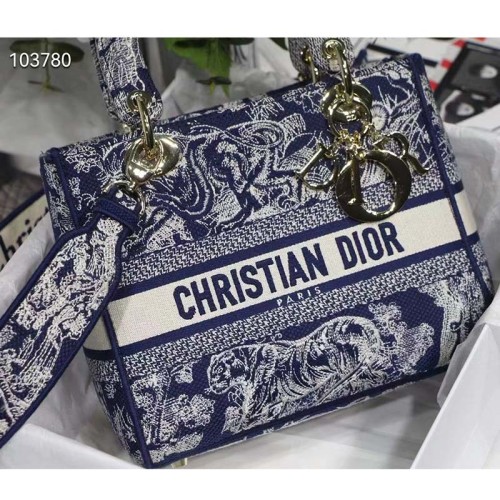 Dior Women CD Medium Lady D-Lite Bag Blue Toile De Jouy Reverse Embroidery