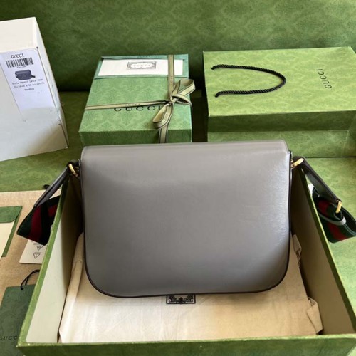 Gucci GG Unisex Horsebit 1955 Shoulder Bag Grey Leather Flap Closure