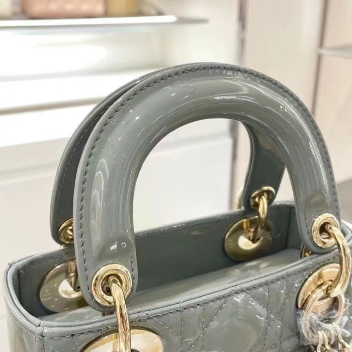 Dior Women CD Mini Lady Dior Bag Sage Green Patent Cannage Calfskin