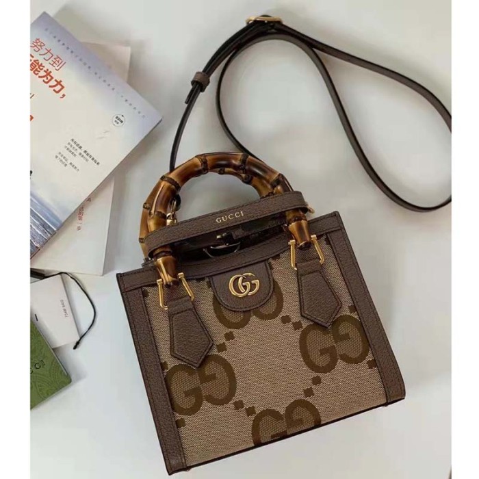 Gucci Unisex Diana Jumbo GG Mini Tote Bag Camel Ebony Jumbo GG Canvas