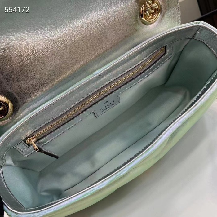 Gucci Women GG Marmont Small Shoulder Bag Green Iridescent Quilted Chevron Leather