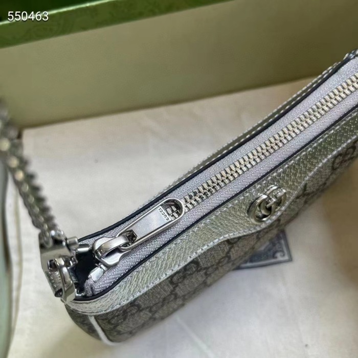 Gucci Women Ophidia Mini Bag Beige Ebony GG Supreme Canvas Metallic Silver Leather Double G