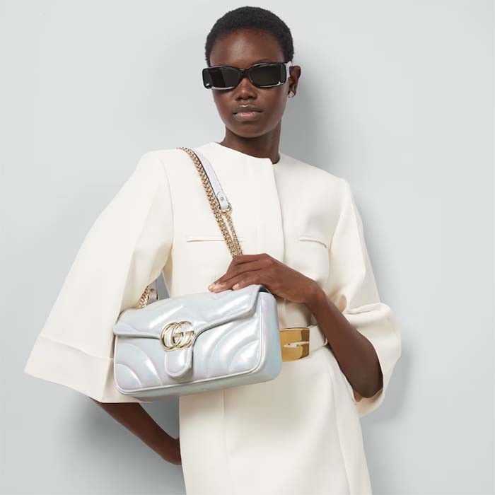 Gucci Women GG Marmont Small Shoulder Bag Blue Iridescent Quilted Chevron Leather