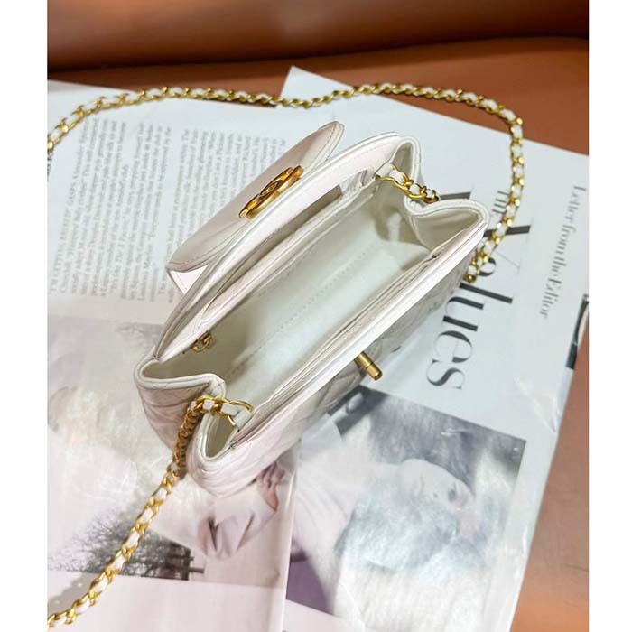 Chanel Women CC Mini Shopping Bag Shiny Crumpled Calfskin Gold Metal White