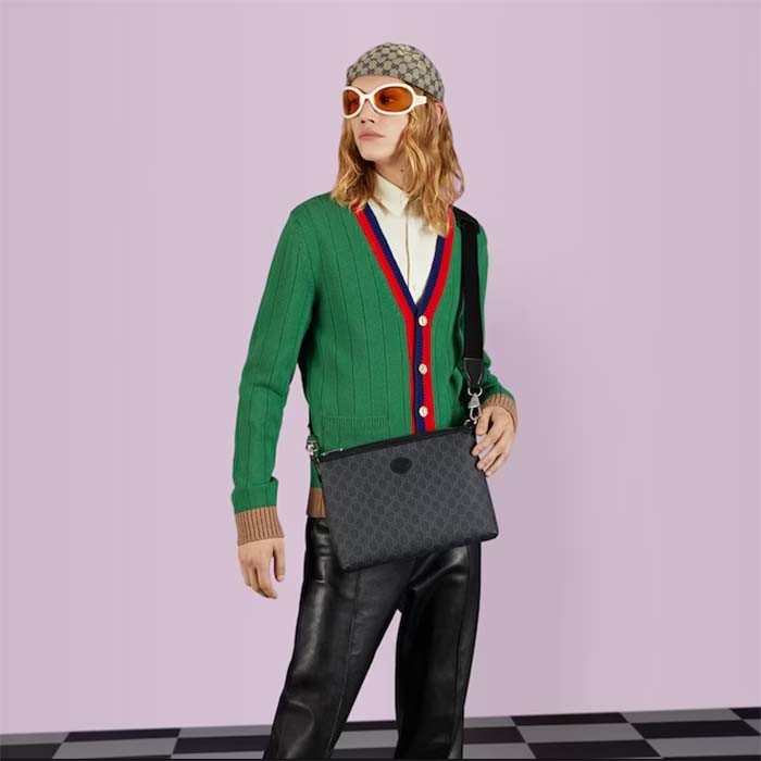 Gucci Unisex Messenger Bag Interlocking G Black GG Supreme Canvas Leather Zip Closure