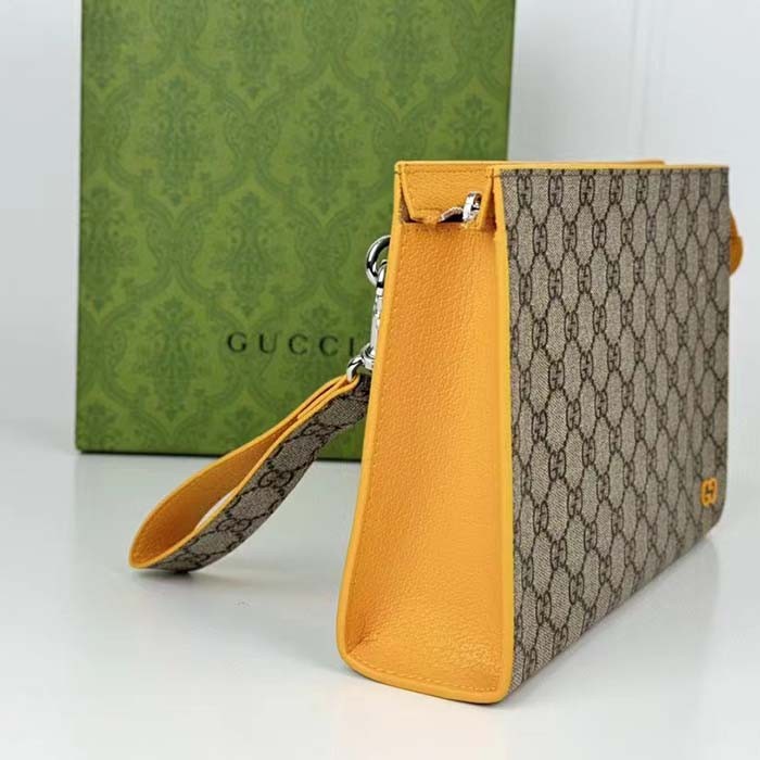 Gucci Unisex Pouch GG Detail Beige Ebony GG Supreme Canvas Yellow Leather Style ‎768255 FACQC 9750