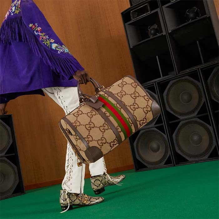 Gucci Unisex Jumbo GG Large Duffle Bag Camel Ebony Canvas Double G