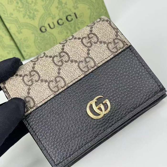 Gucci Unisex GG Marmont Card Case Wallet Double G Beige Ebony GG Supreme Canvas Black Leather Style ‎658610 17WAG 1283