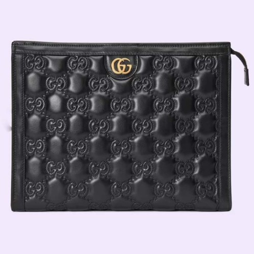 Gucci Unisex GG Matelassé Pouch Black GG Matelassé Leather Double G