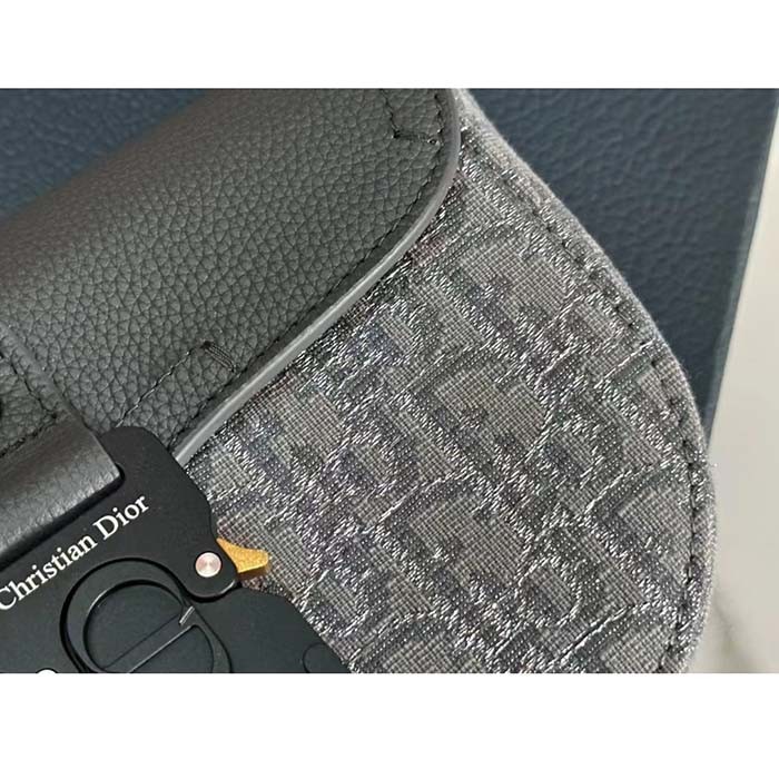 Dior Unisex CD Saddle Pouch Strap Black Grey Oblique Jacquard Grained Calfskin