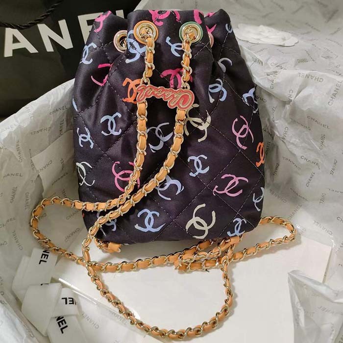 Chanel CC Unisex Backpack Printed Fabric Gold-Tone Metal Black Multicolor