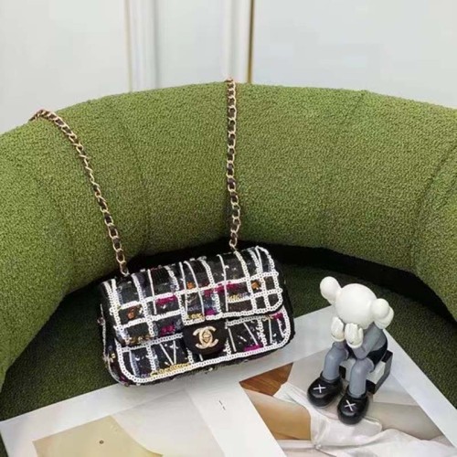 Chanel Women CC Classic Handbag Embroidered Satin Sequins Gold-Tone Metal