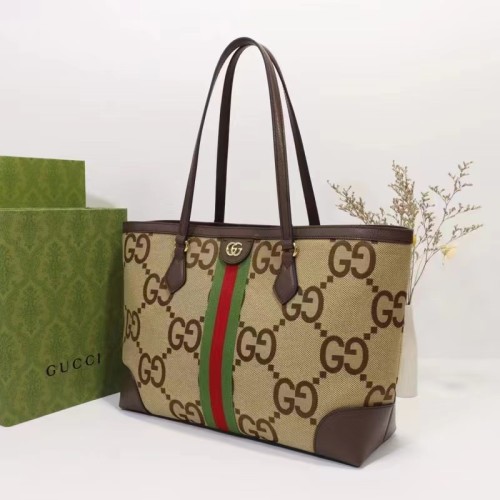 Gucci Unisex Ophidia Jumbo GG Medium Tote Camel Ebony Canvas Double G