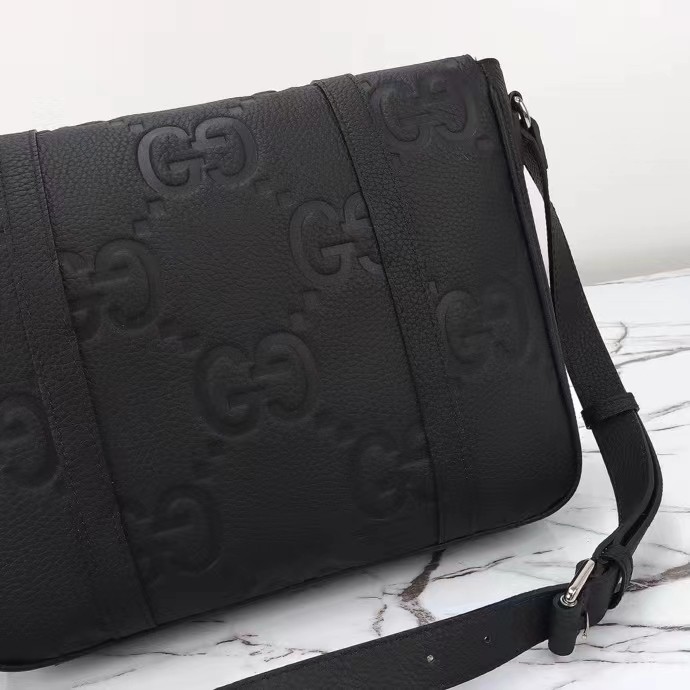 Gucci Unisex Jumbo GG Medium Messenger Bag Black Leather Cotton Linen Lining
