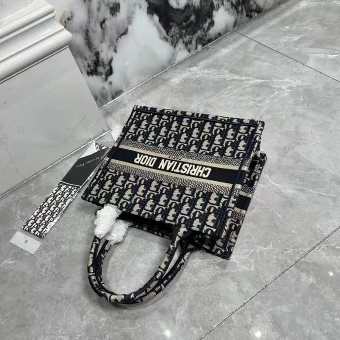 Dior Women Small Dior Book Tote Blue Dior Oblique Embroidery