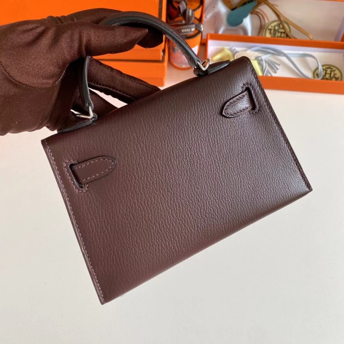 Hermes Women Mini Kelly 20 Bag Suede Leather Silver Hardware-Chocolate
