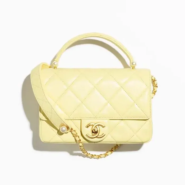 Chanel Women Mini Flap Bag with Top Handle Shiny Lambskin Imitation Pearls-Yellow