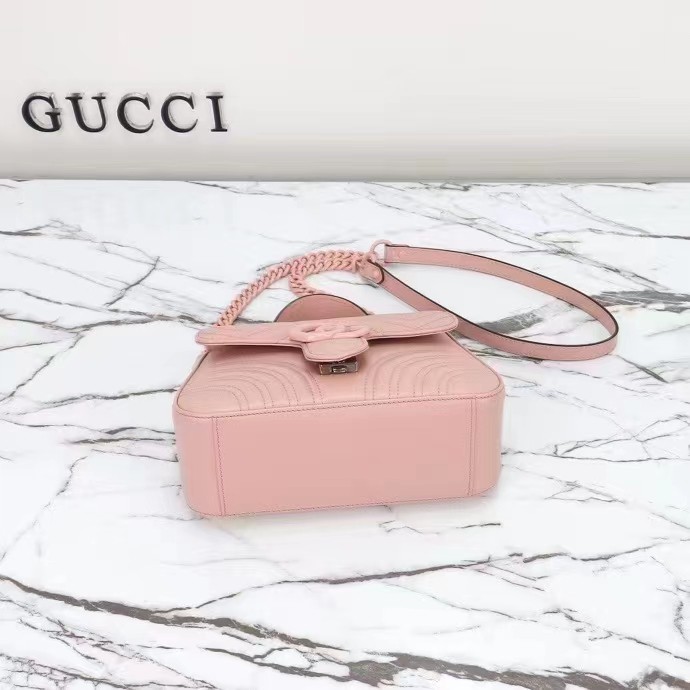 Gucci Women GG Marmont Mini Top Handle Bag Light Pink Matelassé Chevron Leather Heart Double G