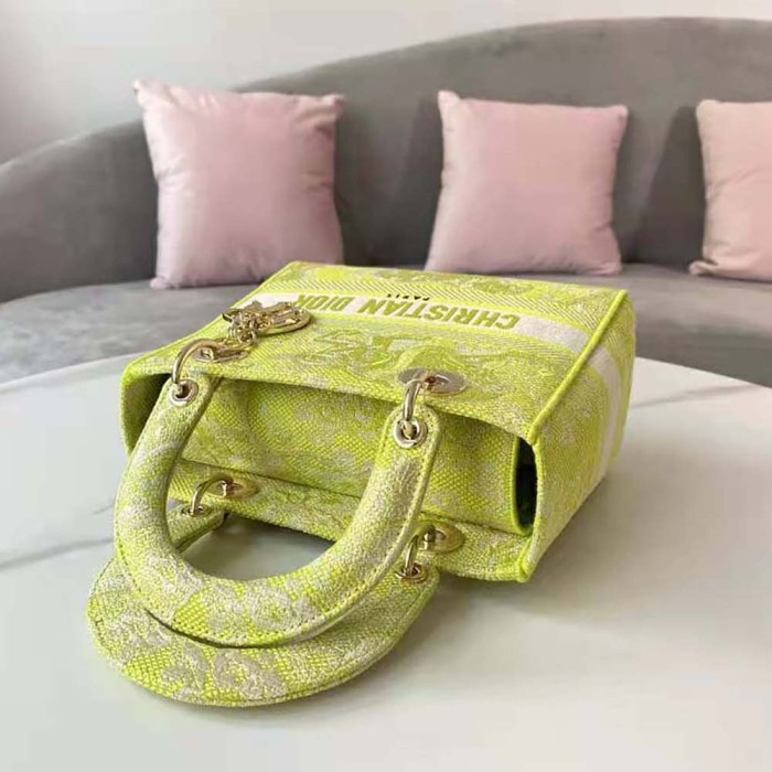 Dior Women Medium Lady D-lite Bag Lime Toile De Jouy Reverse Embroidery