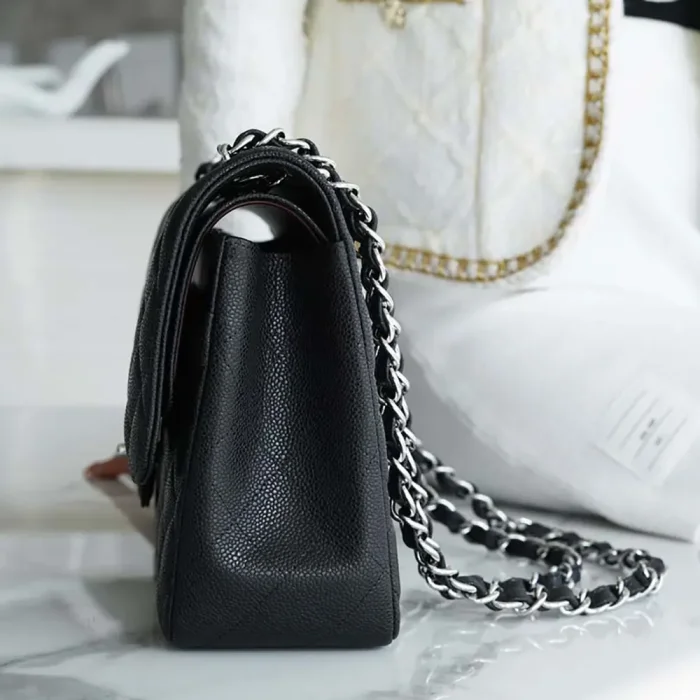 Chanel Women Large Classic Handbag in Grained Calfskin Silver Tone Metal-Black