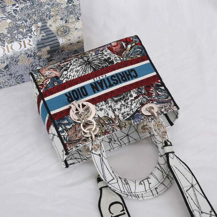 Dior Women Medium Lady D-lite Bag Latte Multicolor Dior Constellation Embroidery-White