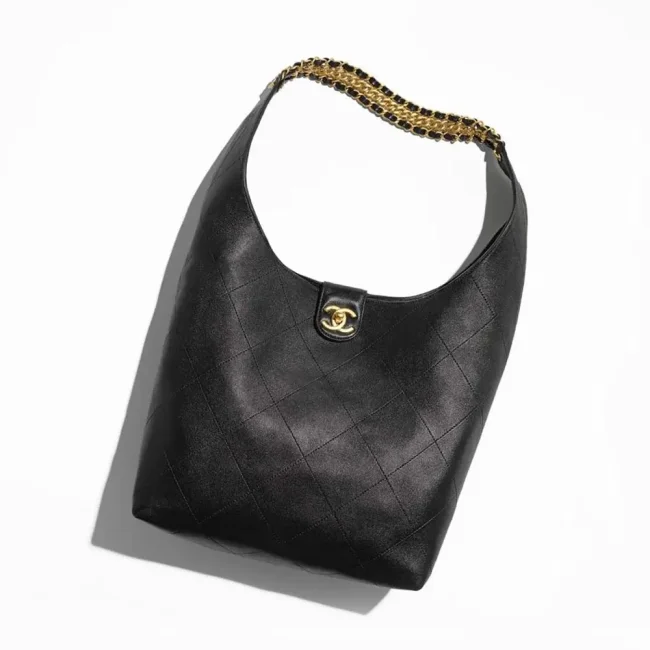 Chanel Women Large Hobo Bag Shiny Lambskin Gold Tone Metal AS5410