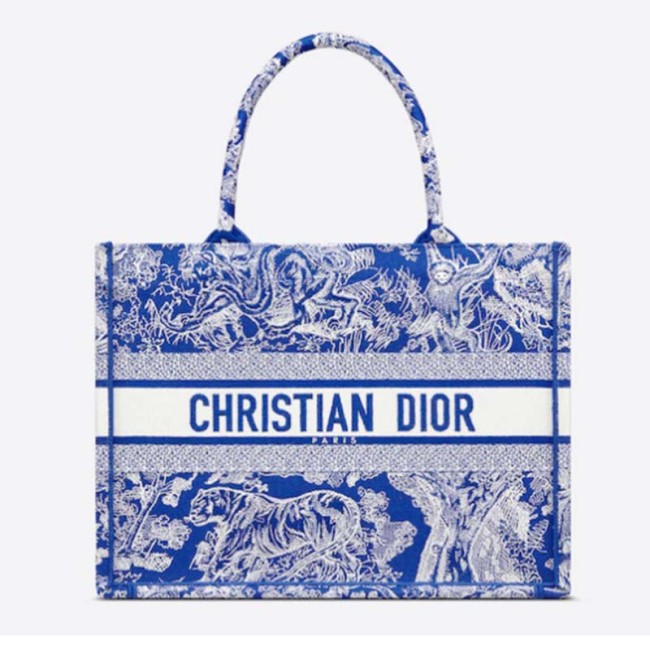 Dior Unisex CD Medium Book Tote Fluorescent Blue Toile De Jouy Reverse Embroidery
