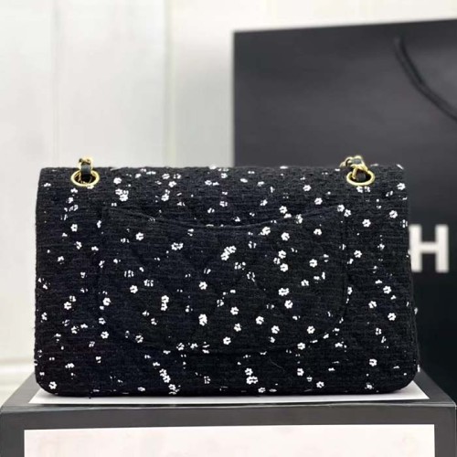 Chanel Women CC Flap Bag Strass Sequins Gold-Tone Metal Black White