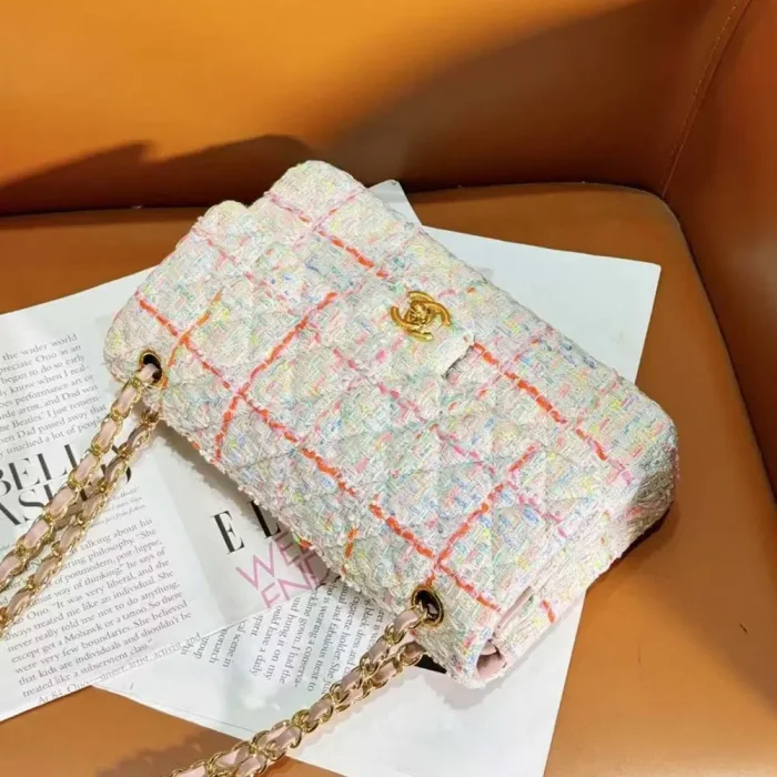 Chanel Women CC Mini Classic Handbag Tweed Gold Tone Metal-White