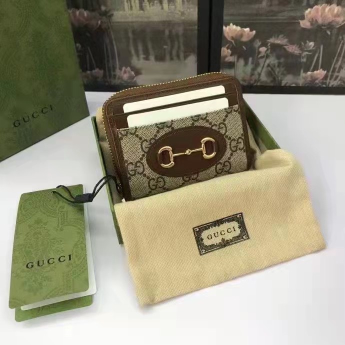 Gucci Unisex 1955 Horsebit Card Case Wallet Beige Ebony GG Supreme Canvas