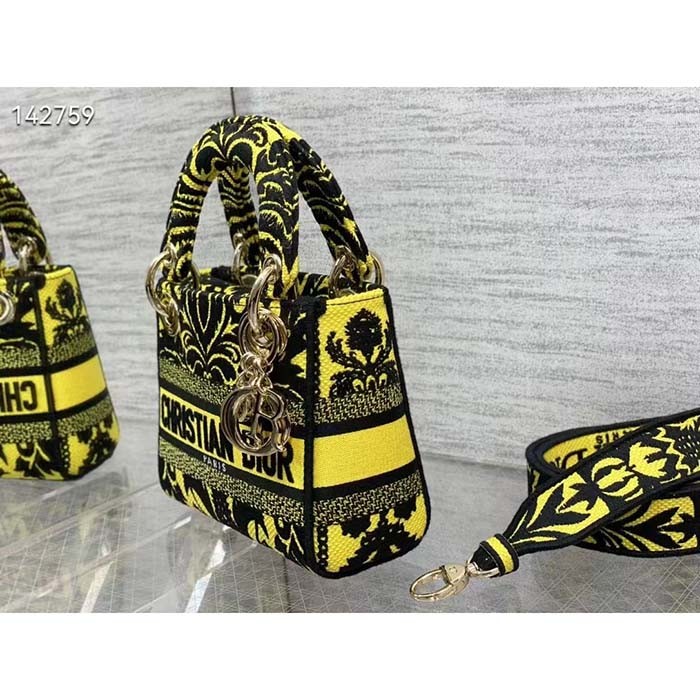 Dior Women CD Mini Lady D-Lite Bag Yellow Multicolor Ornamental Embroidery