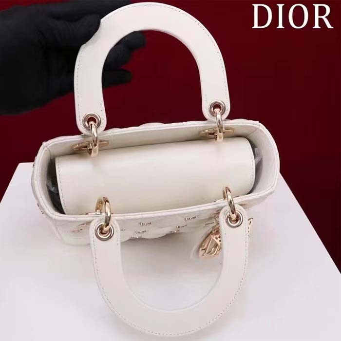 Dior Women CD Small Lady Dior Bag White Cannage Lambskin Gold-Finish Butterfly Studs