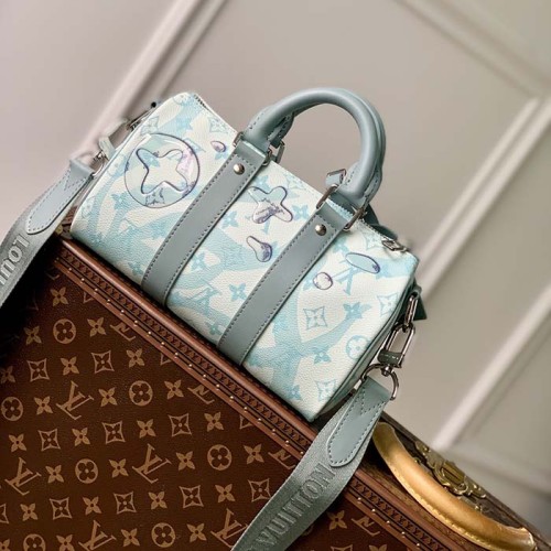 Louis Vuitton LV Unisex Keepall Bandoulière 25 Crystal Blue Monogram Aquagarden Coated Canvas