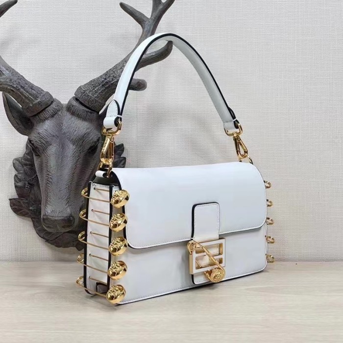 Fendi Women FF Baguette Brooch Fendace White Leather Bag