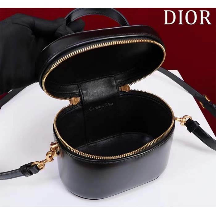 Dior Women Small CD Signature Vanity Case Black Calfskin Embossed Leather Handle