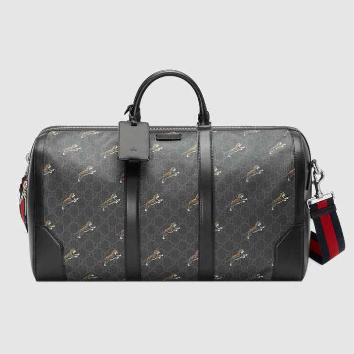 Gucci GG Men Gucci Bestiary Carry-On Duffle with Tigers in Black/Grey Soft GG Supreme