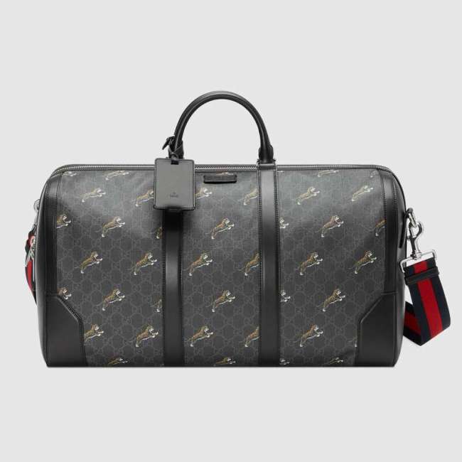 Gucci GG Men Gucci Bestiary Carry-On Duffle with Tigers in Black/Grey Soft GG Supreme