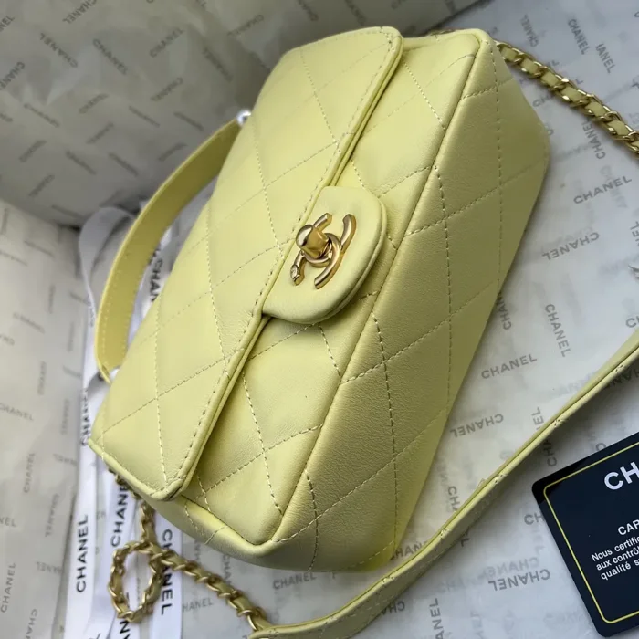 Chanel Women Mini Flap Bag with Top Handle Shiny Lambskin Imitation Pearls-Yellow