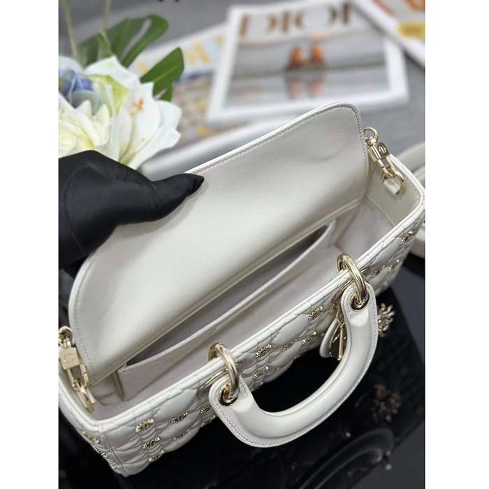 Dior Women CD Medium Lady D-Joy Bag Latte Cannage Lambskin Sun Studs