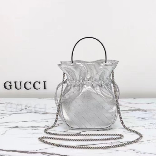 Gucci Women GG Blondie Mini Bucket Bag Silver Metallic Leather