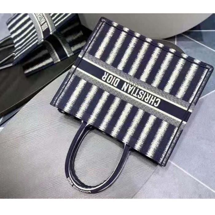 Dior Women Book Tote Blue D-Stripes 'Christian Dior' Embroidery